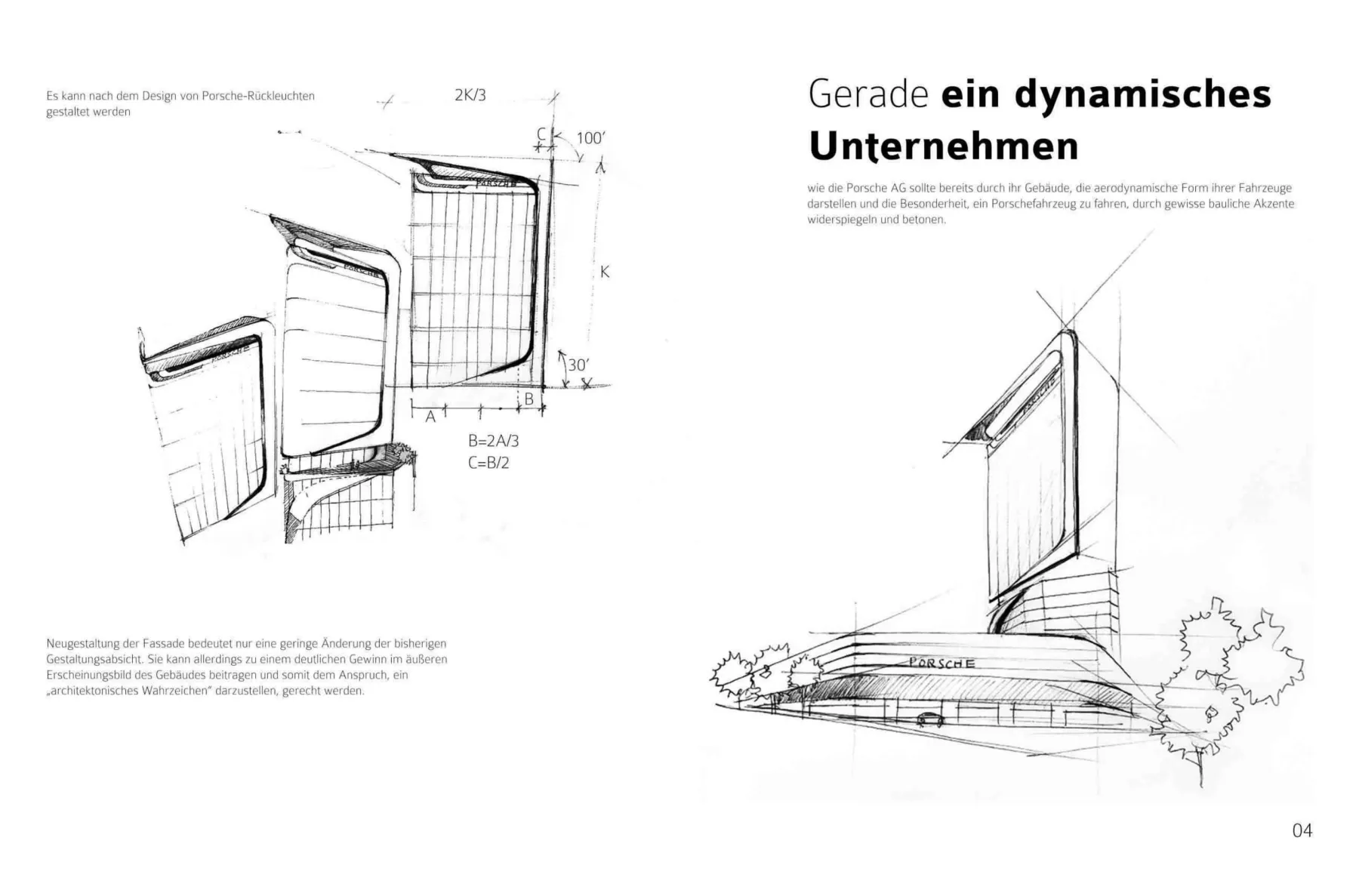 Porsche Fassade Stuttgart – Entwurfsskizzen – aerodynamische Fassade nach dem Motiv des Porsche-Rücklichts
