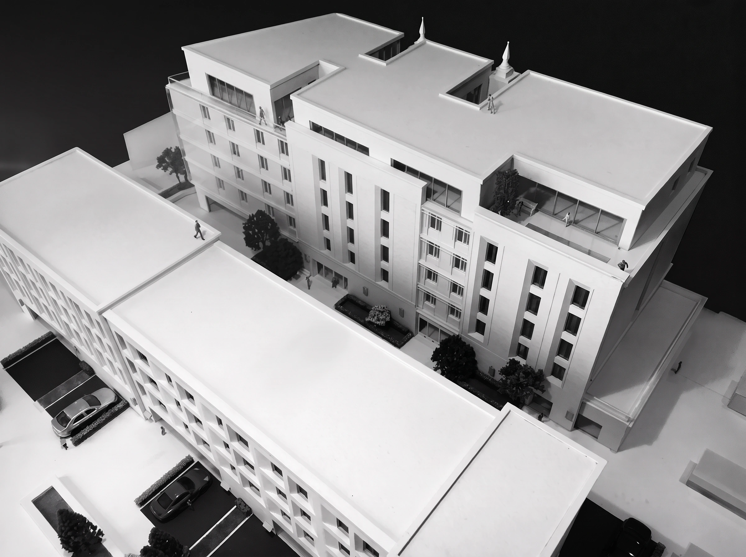 Entwurf für Hotel und studentisches Wohnen in Darmstadt, Modellfoto der Hofsituation