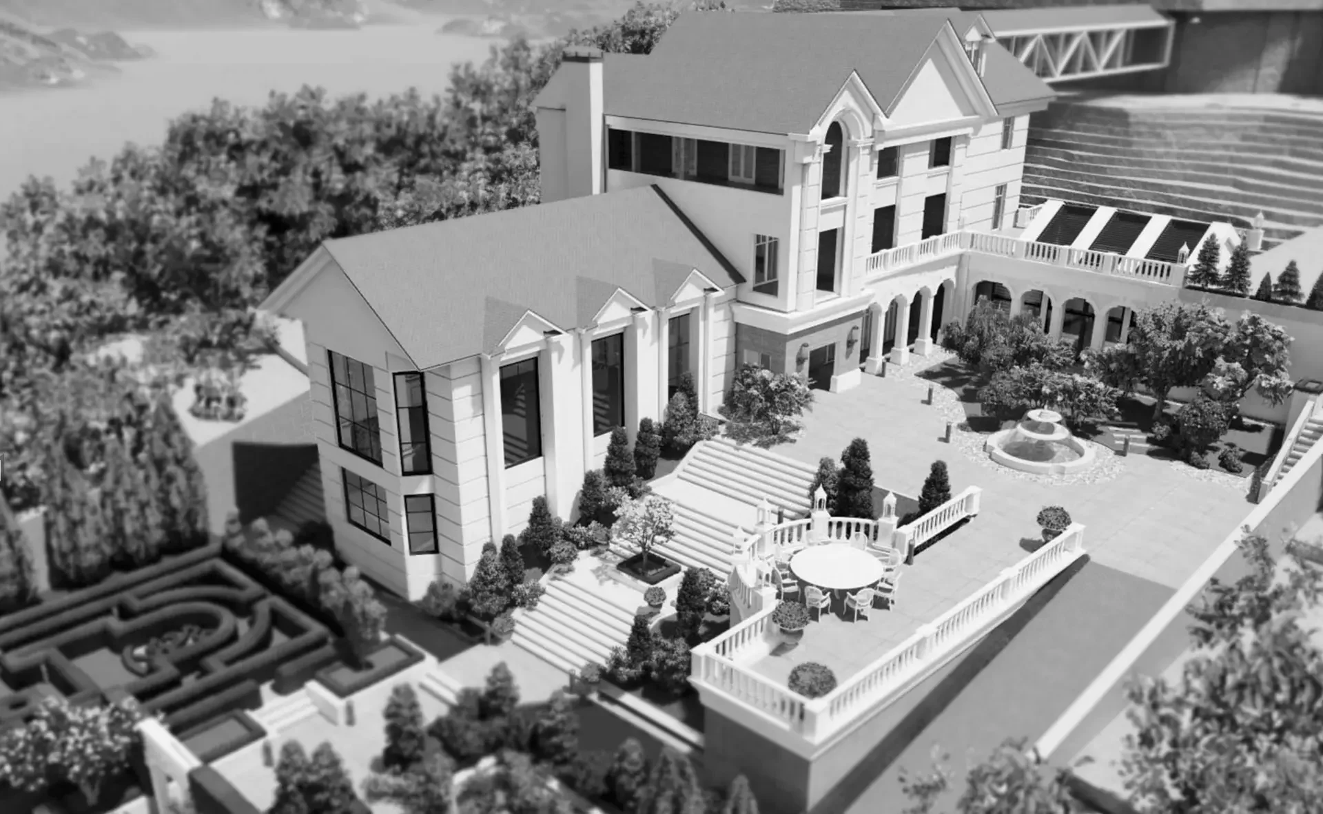 Ferienhaus Teheran: klassisch geprägte Villa mit Innenhof, Brunnen und Gartenanlage, Entwurf MR Architekten
