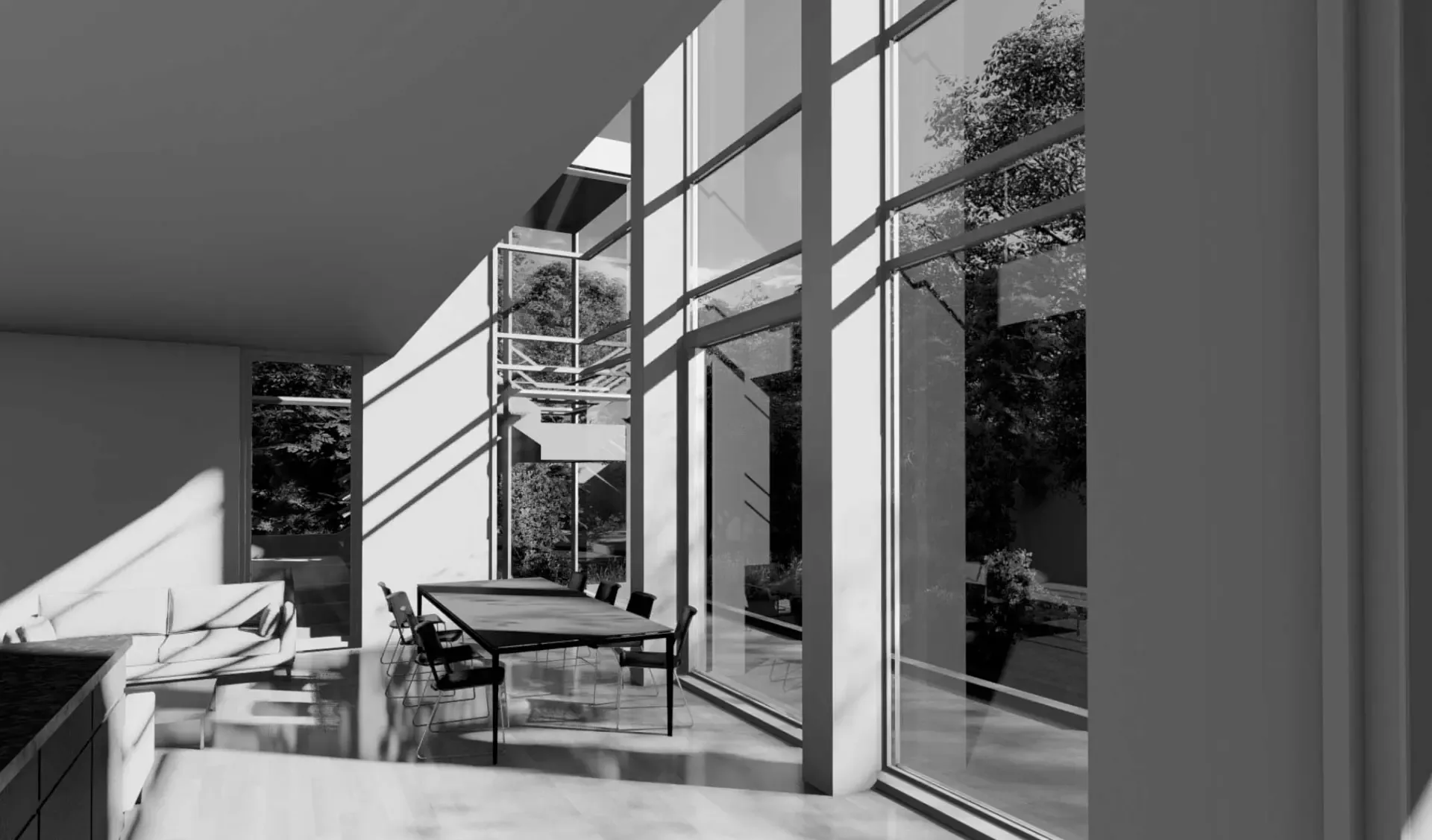 Ferienhaus in Torghabeh mit weißer Fassade, Glasfronten und auskragendem Lamellendach, Entwurf MR Architekten