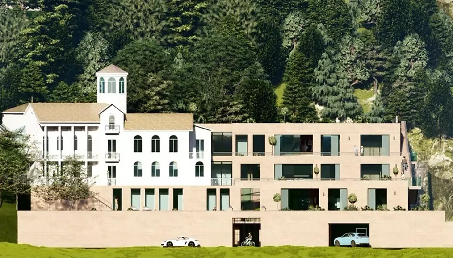 Sanierung und Neubau einer Villa in Heidelberg, Gesamtansicht Süd mit Bestandsvilla, Neubau und Pool