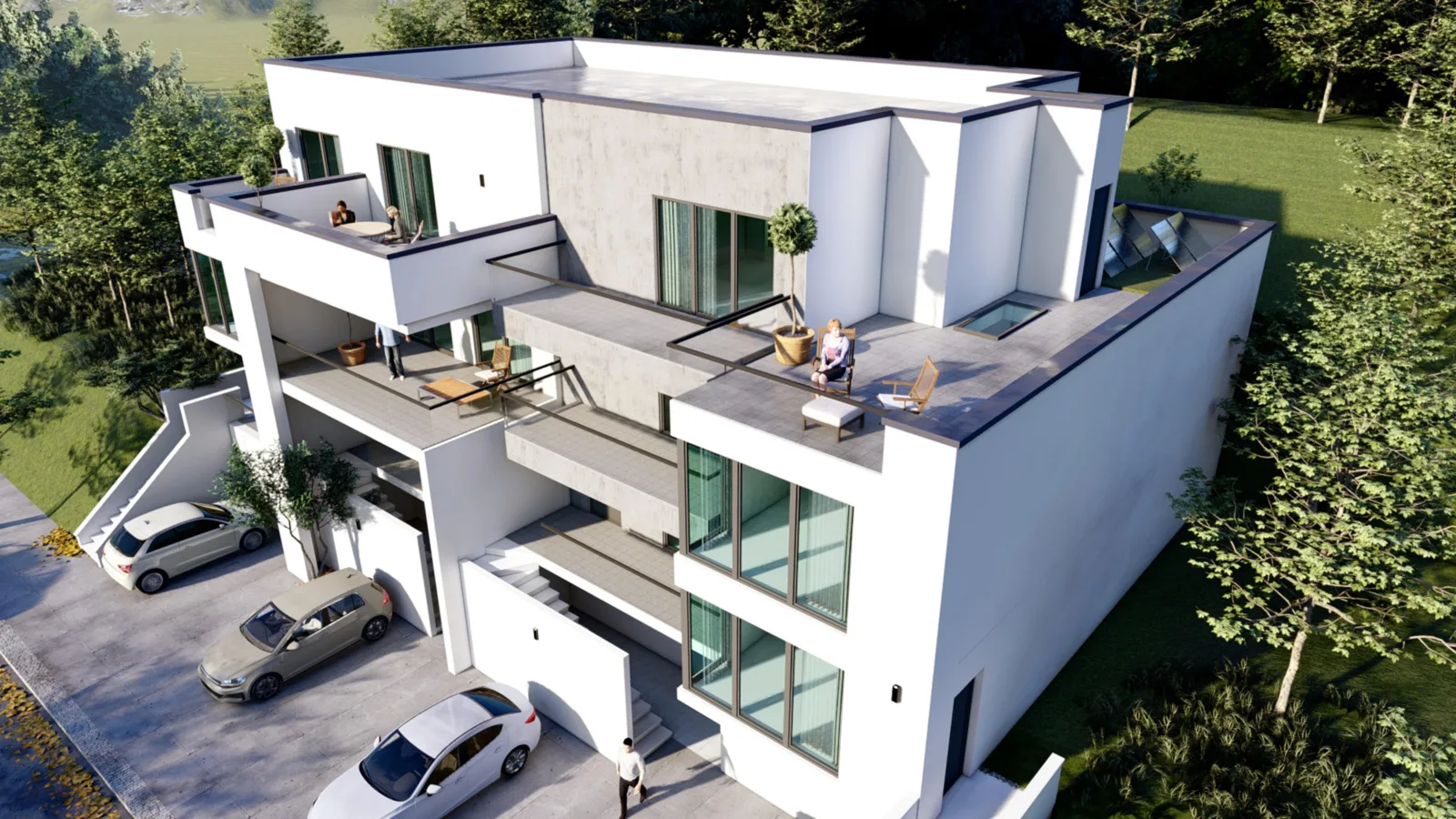 Mehrfamilienhaus, Umbau und Anbau Heppenheim – moderne weiße Wohnanlage mit Balkonen und Stellplätzen, Entwurf MR Architekten