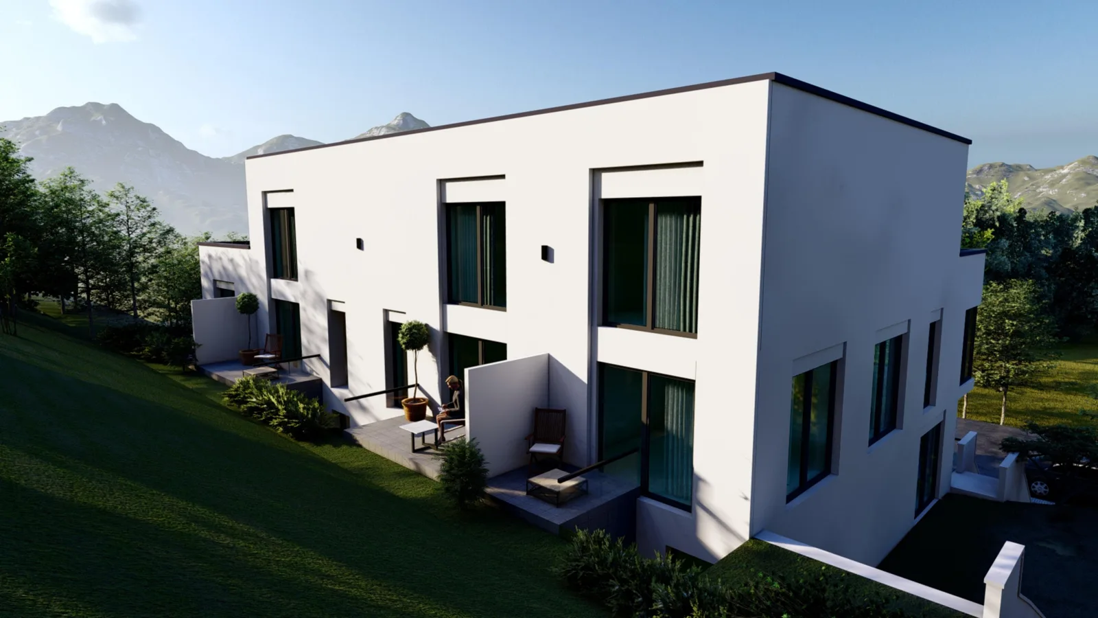 Mehrfamilienhaus, Umbau und Anbau Heppenheim – moderne weiße Wohnanlage mit Balkonen und Stellplätzen, Entwurf MR Architekten