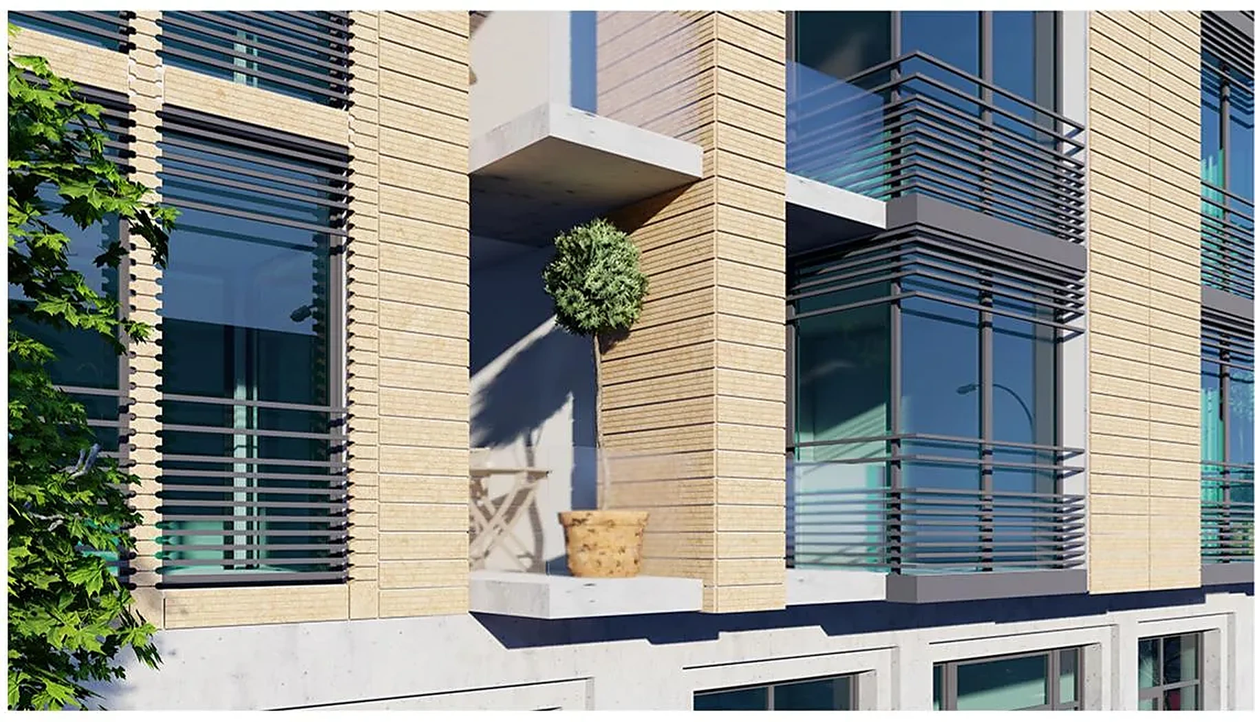 Umnutzung eines Bürogebäudes zu Long-Stay-Apartments in Mannheim, Straßenansicht mit Holzlamellen und Balkonen