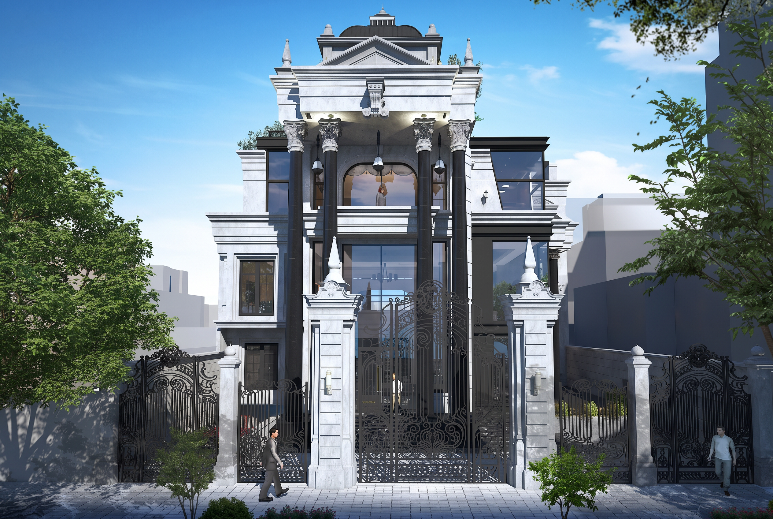 Stadtvilla Ghaffari: klassische Stadtvilla mit Säulenportikus, Giebel und schmiedeeisernem Tor, Entwurf MR Architekten
