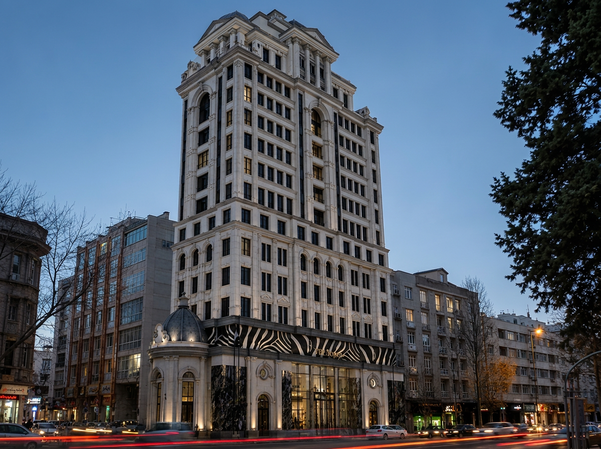 Wohnhochhaus Teheran II mit heller Natursteinfassade, Ladenzone im Sockel und bekrönender Kuppel, Entwurf MR Architekten
