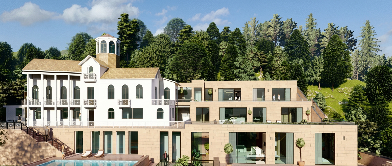 Sanierung und Neubau einer Villa in Heidelberg, Gesamtansicht Süd mit Bestandsvilla, Neubau und Pool
