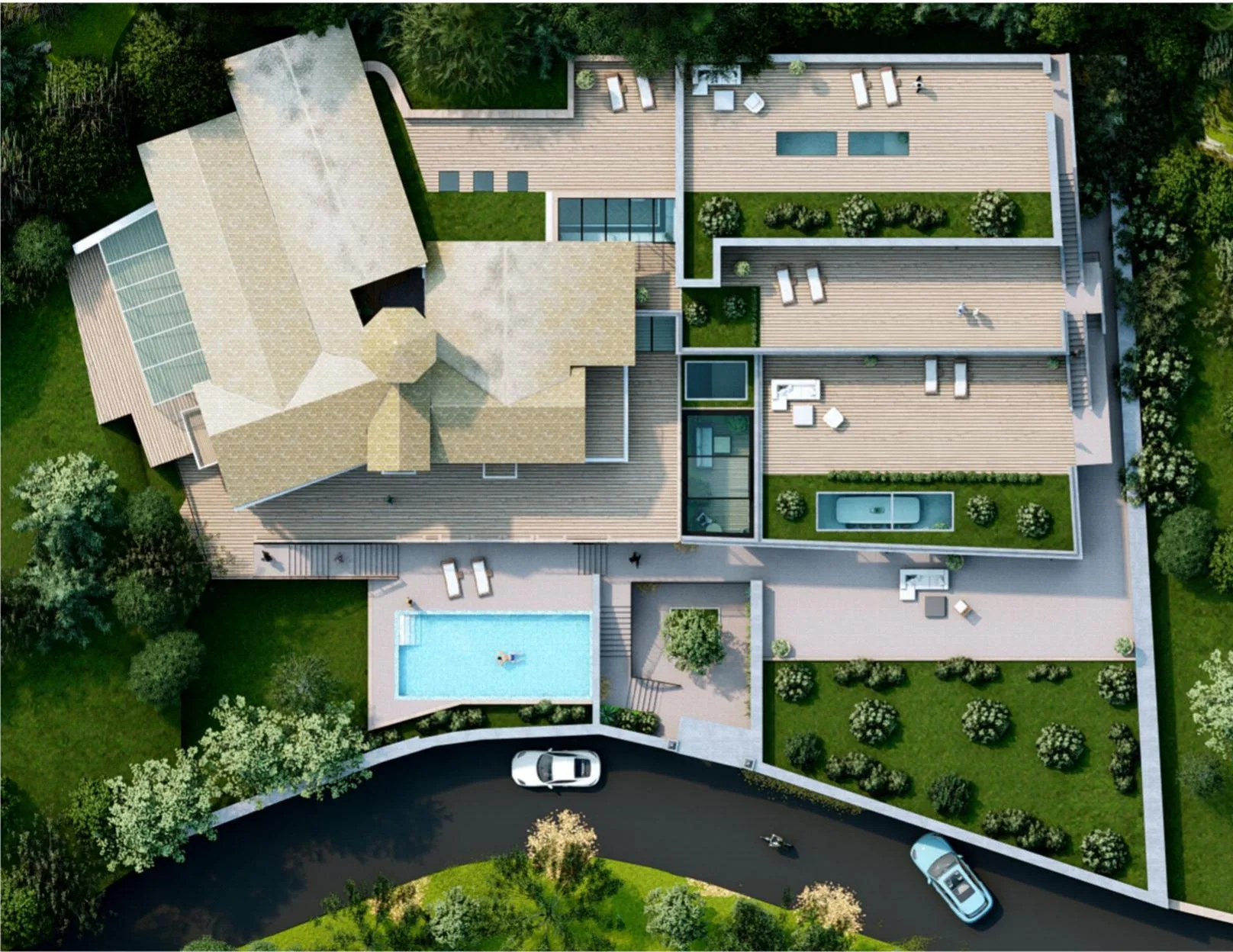 Sanierung und Neubau einer Villa in Heidelberg, Gesamtansicht Süd mit Bestandsvilla, Neubau und Pool