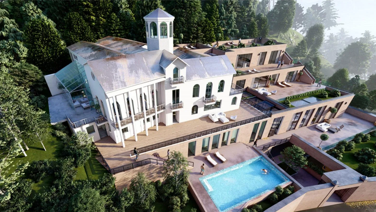 Sanierung und Neubau einer Villa in Heidelberg, Gesamtansicht Süd mit Bestandsvilla, Neubau und Pool