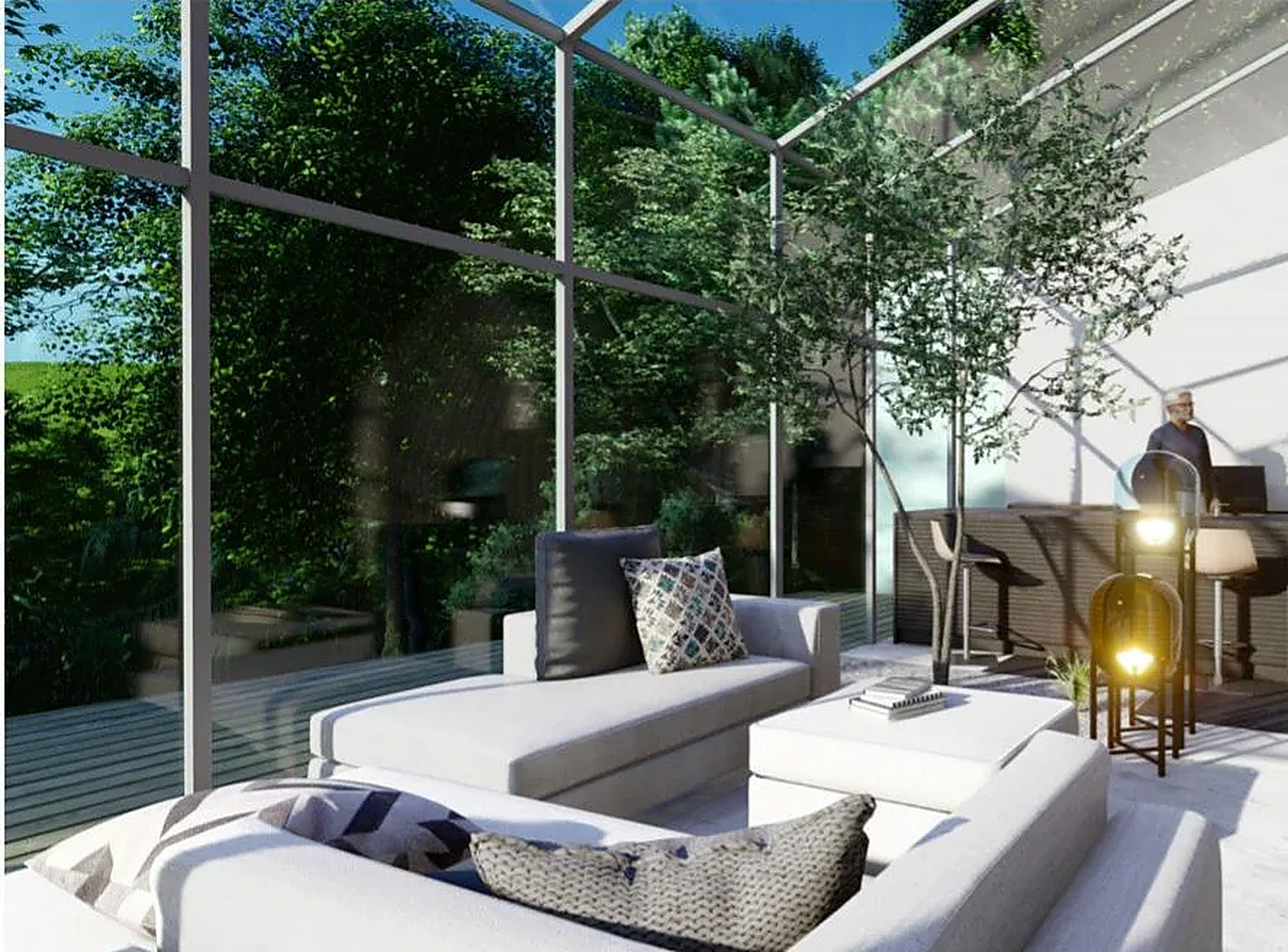 Sanierung und Neubau einer Villa in Heidelberg, Gesamtansicht Süd mit Bestandsvilla, Neubau und Pool